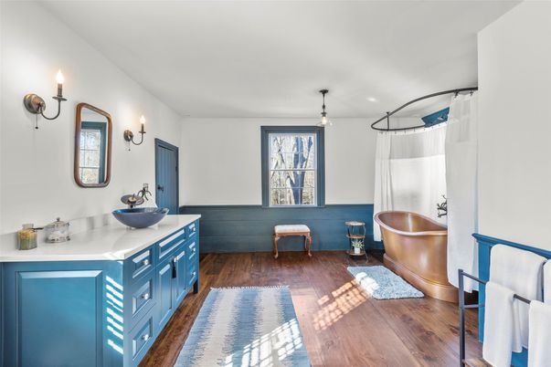 Bathroom, Dual Sink Vanities, Free Standing Baths, Interior, Wood Texture Flooring