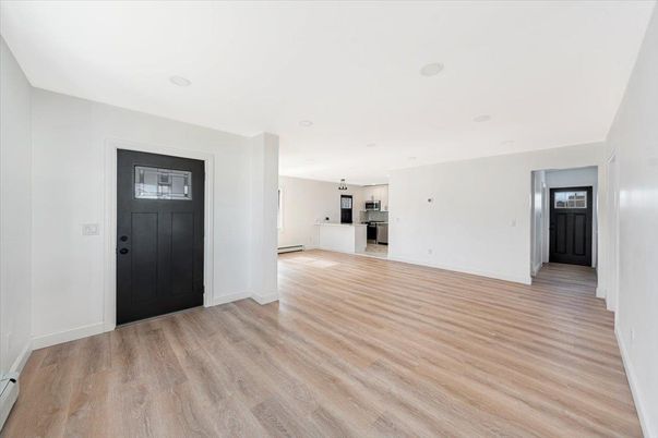 Empty room, Interior, Kitchen, Pendant Lights, Recessed Lighting, Wood Texture Flooring
