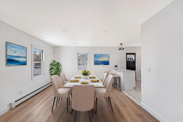 Dining room, Interior, Recessed Lighting, Wood Texture Flooring