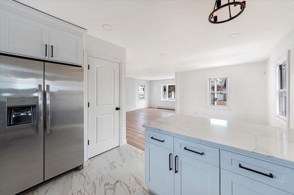 Interior, Kitchen, Marble, Recessed Lighting, Stainless Steel Appliances, Wood Texture Flooring