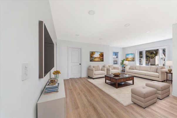 Interior, Living room, Recessed Lighting, Wood Texture Flooring