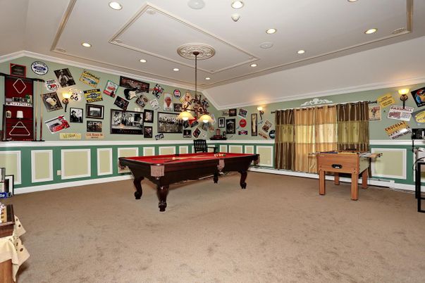 Billiard Table, Chandelier, Game Room, Interior, Recessed Lighting