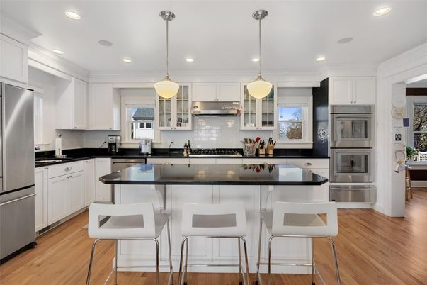 Interior, Kitchen, Pendant Lights, Recessed Lighting, Stainless Steel Appliances, Wood Texture Flooring