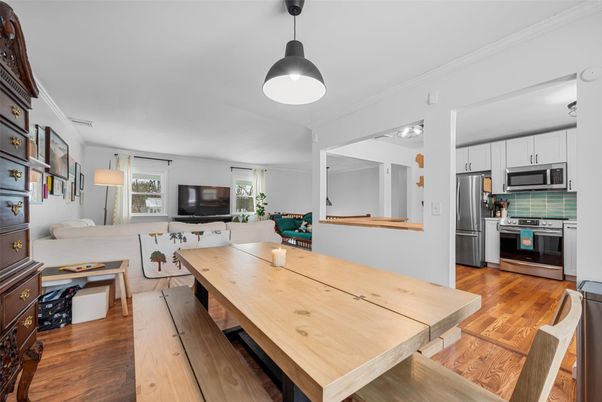 Dining room, Interior, Kitchen, Living room, Pendant Lights, Stainless Steel Appliances, Wood Texture Flooring