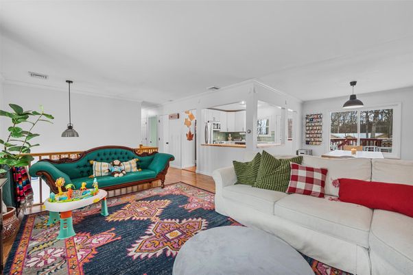 Dining room, Interior, Living room, Pendant Lights, Wood Texture Flooring