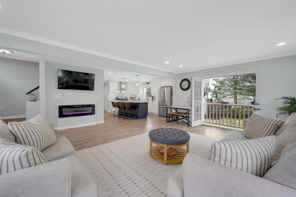 Fireplace, Interior, Kitchen, Living room, Pendant Lights, Recessed Lighting, Wood Texture Flooring