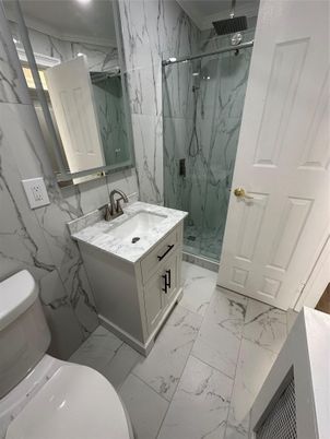Bathroom, Glass Shower, Interior, Marble, Marble Walls, Recessed Lighting