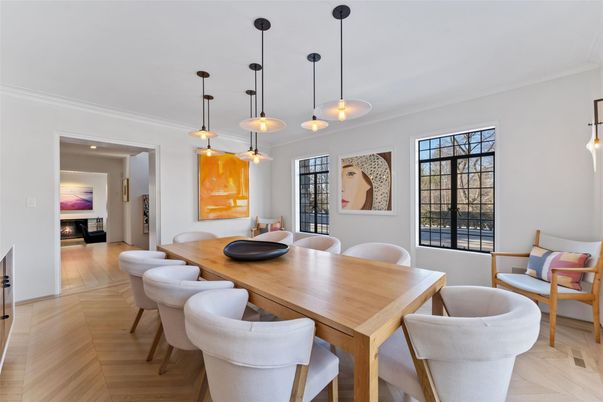 Dining room, Interior, Pendant Lights, Wood Texture Flooring