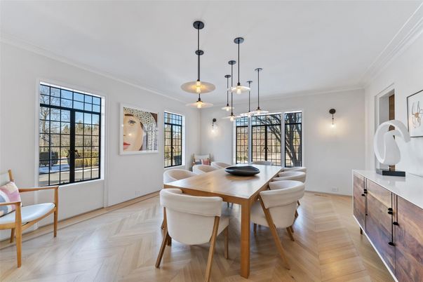 Dining room, Interior, Pendant Lights, Wood Texture Flooring