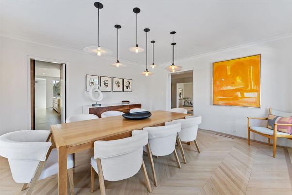 Dining room, Interior, Pendant Lights, Wood Texture Flooring