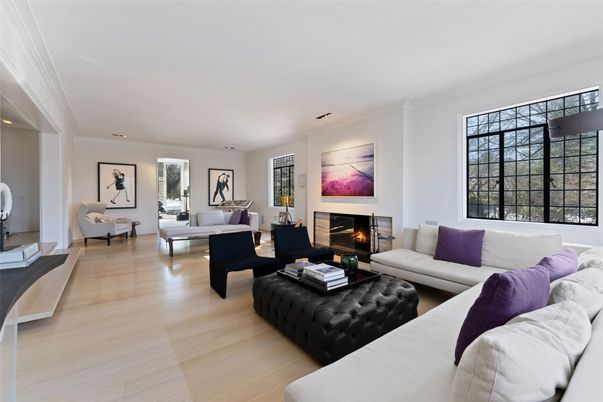Fireplace, Interior, Living room, Recessed Lighting, Wood Texture Flooring