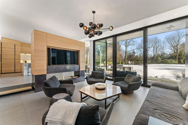 Fireplace, Interior, Living room, Pendant Lights, Recessed Lighting, Wooden Walls