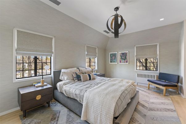 Bedroom, Interior, Pendant Lights, Recessed Lighting, Wood Texture Flooring