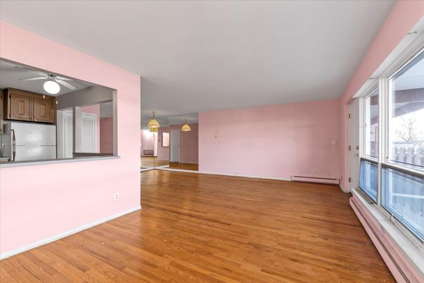 Empty room, Interior, Kitchen, Pendant Lights, Wood Texture Flooring
