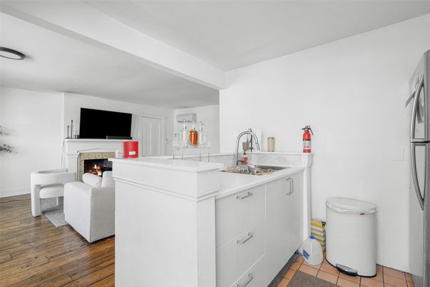 Fireplace, Interior, Kitchen, Living room, Wood Texture Flooring