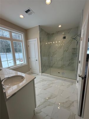 Bathroom, Glass Shower, Interior, Marble, Marble Walls, Recessed Lighting