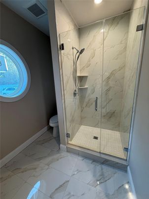 Bathroom, Glass Shower, Interior, Marble, Marble Walls, Recessed Lighting