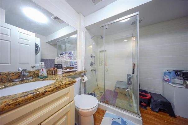 Bathroom, Glass Shower, Interior, Wood Texture Flooring