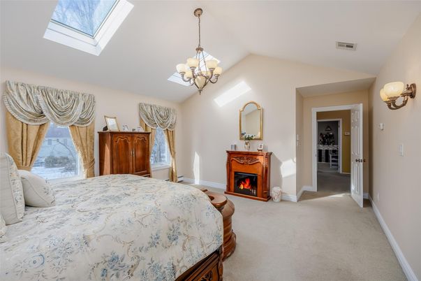 Bedroom, Chandelier, Fireplace, Interior