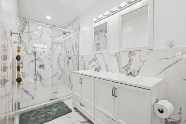 Bathroom, Glass Shower, Interior, Marble, Marble Walls, Recessed Lighting