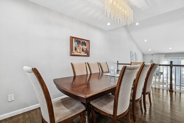 Chandelier, Dining room, Interior, Recessed Lighting, Wood Texture Flooring