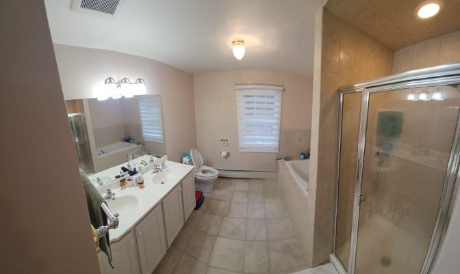 Bathroom, Dual Sink Vanities, Glass Shower, Interior, Recessed Lighting