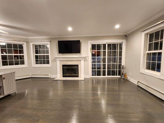 Empty room, Fireplace, Interior, Recessed Lighting, Wood Texture Flooring