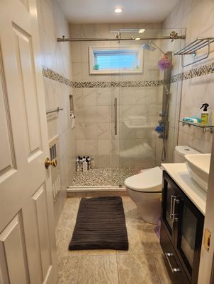 Bathroom, Glass Shower, Interior, Marble Walls, Recessed Lighting