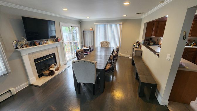 Dining room, Fireplace, Interior, Recessed Lighting, Wood Texture Flooring