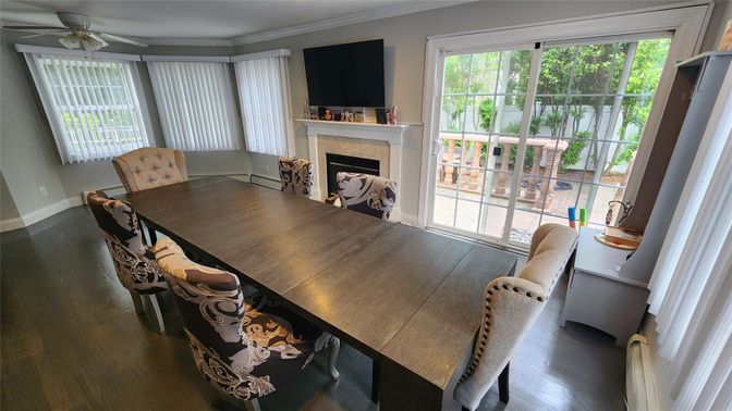 Dining room, Fireplace, Interior, Wood Texture Flooring