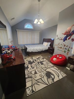 Bedroom, Interior, Pendant Lights, Wood Texture Flooring