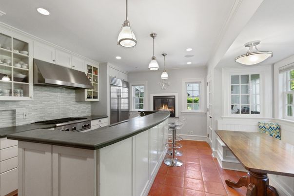 Fireplace, Interior, Kitchen, Pendant Lights, Recessed Lighting, Stainless Steel Appliances