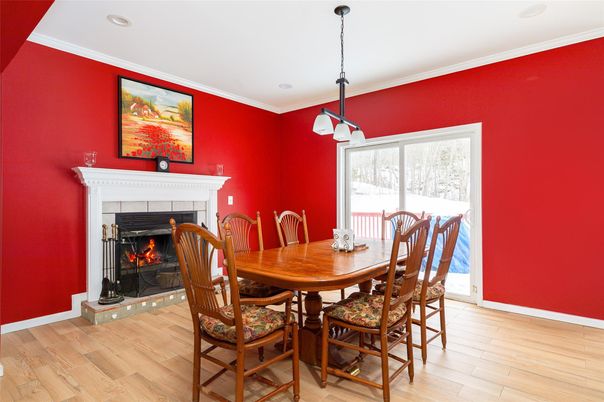 Dining room, Fireplace, Interior, Pendant Lights, Recessed Lighting, Wood Texture Flooring
