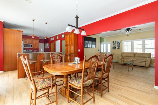 Dining room, Interior, Kitchen, Living room, Pendant Lights, Recessed Lighting, Wood Texture Flooring