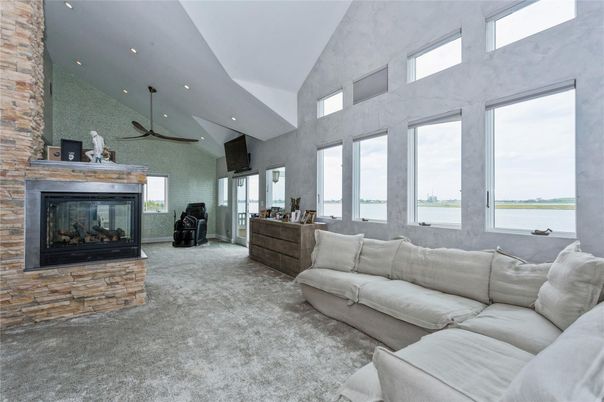 Fireplace, Interior, Living room, Pendant Lights, Recessed Lighting, Stone Walls