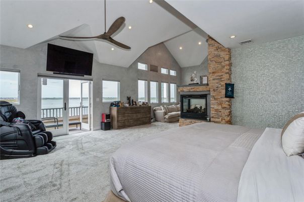 Bedroom, Fireplace, Interior, Recessed Lighting, Stone Walls