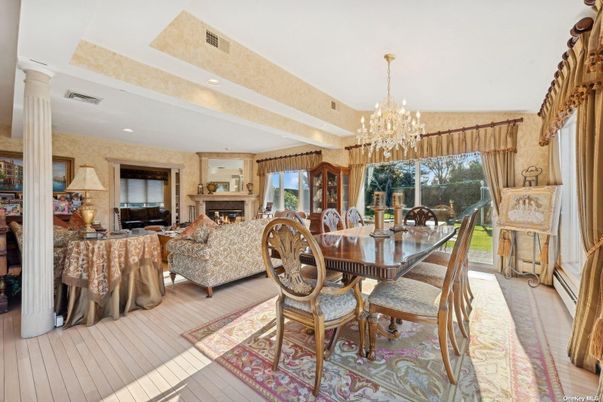 Chandelier, Dining room, Fireplace, Interior, Living room, Recessed Lighting, Wood Texture Flooring
