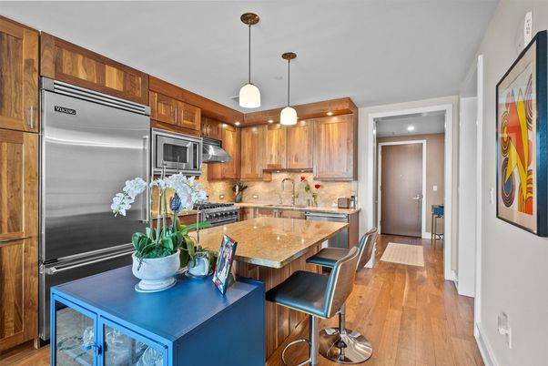 Interior, Kitchen, Pendant Lights, Recessed Lighting, Stainless Steel Appliances, Wood Texture Flooring