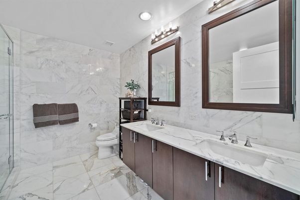 Bathroom, Dual Sink Vanities, Glass Shower, Interior, Marble, Marble Walls