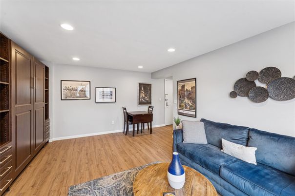Dining room, Interior, Living room, Recessed Lighting, Wood Texture Flooring