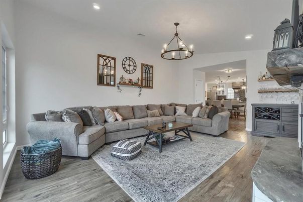 Chandelier, Dining room, Interior, Living room, Pendant Lights, Recessed Lighting, Wood Texture Flooring