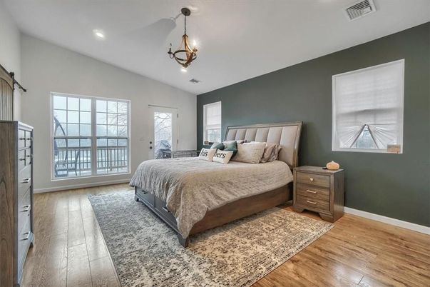 Bedroom, Interior, Pendant Lights, Recessed Lighting, Wood Texture Flooring