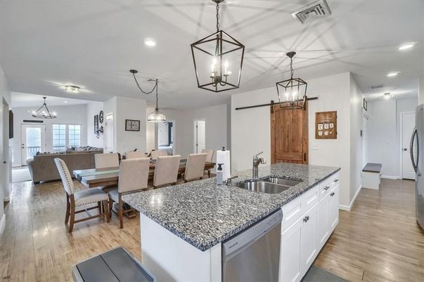 Dining room, Interior, Kitchen, Living room, Pendant Lights, Recessed Lighting, Wood Texture Flooring