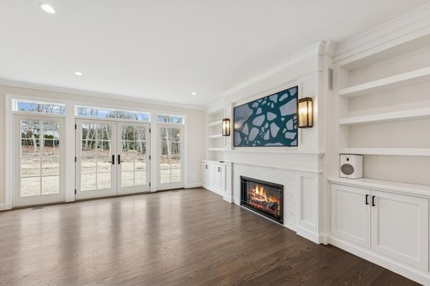 Empty room, Fireplace, Interior, Recessed Lighting, Wood Texture Flooring