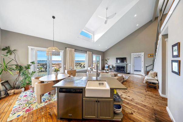 Dining room, Fireplace, Interior, Kitchen, Living room, Pendant Lights, Recessed Lighting, Wood Texture Flooring