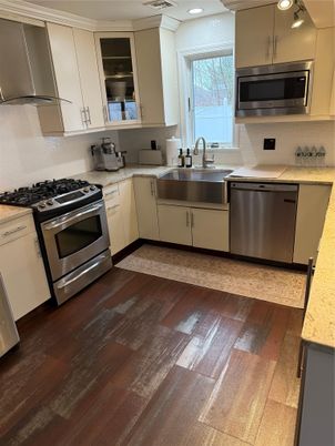 Interior, Kitchen, Recessed Lighting, Stainless Steel Appliances, Wood Texture Flooring
