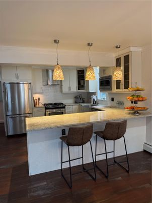 Interior, Kitchen, Pendant Lights, Stainless Steel Appliances, Wood Texture Flooring