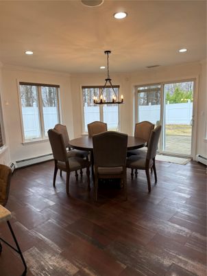 Dining room, Interior, Pendant Lights, Recessed Lighting, Wood Texture Flooring