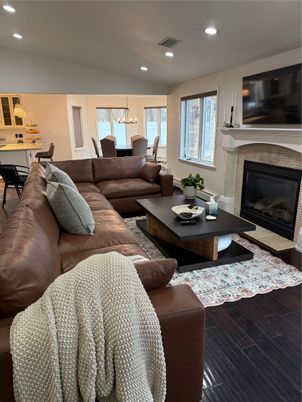 Dining room, Fireplace, Interior, Living room, Pendant Lights, Recessed Lighting, Wood Texture Flooring
