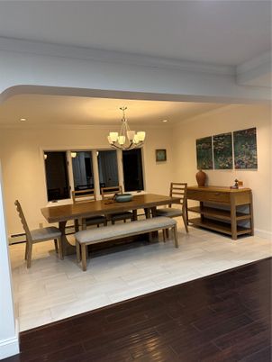 Chandelier, Dining room, Interior, Living room, Recessed Lighting, Wood Texture Flooring